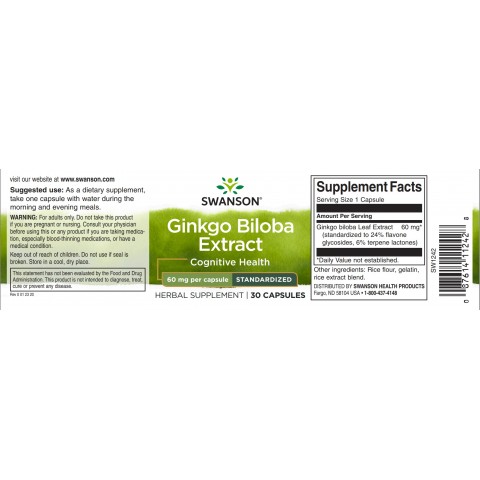 Standardized extract Ginkgo Biloba, Swanson, 60mg, 120 capsules