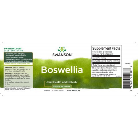 Boswellia kuitujauhe Boswellia, Swanson, 400mcg, 100 kapselia