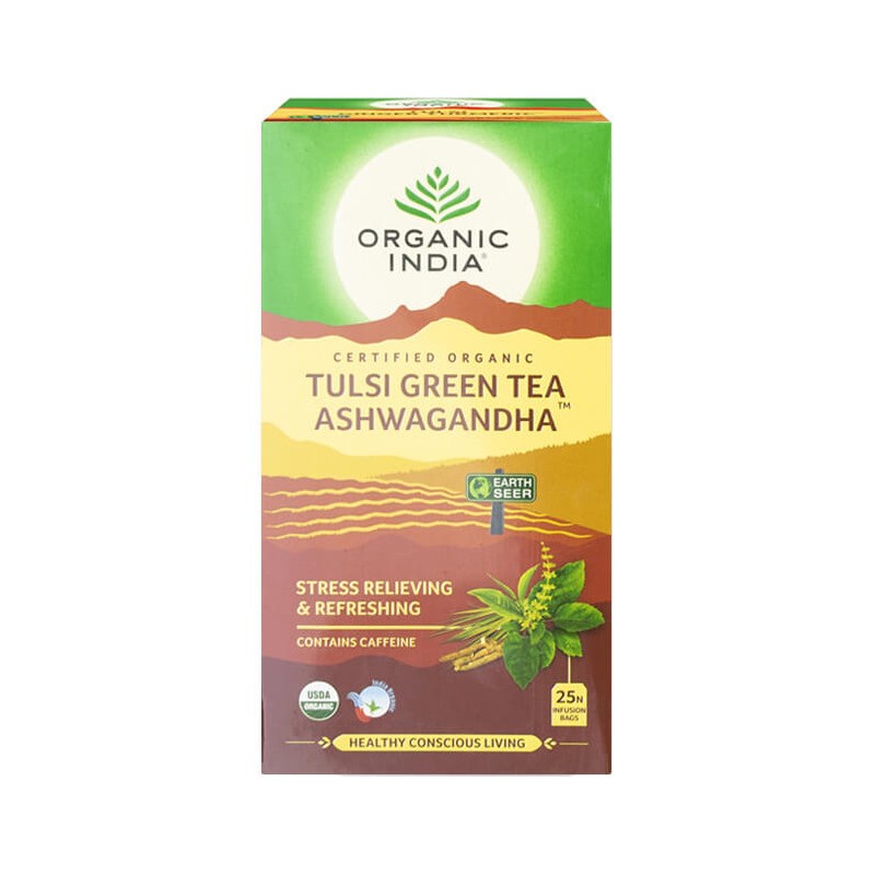 Ayurvedic tee Tulsi Green Tea Ashwagandha, Organic India, 25 pakettia