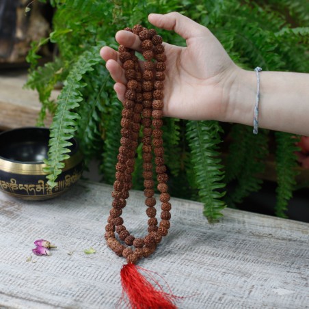 Rudraksha necklace Mala, brown, 108 beads with tassel