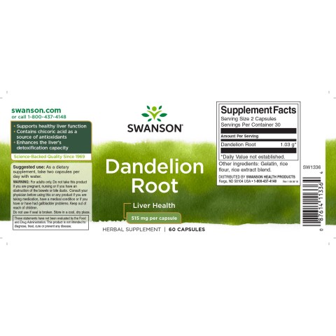 Voikukkajuuri, Swanson, 515 mg, 60 kapselia