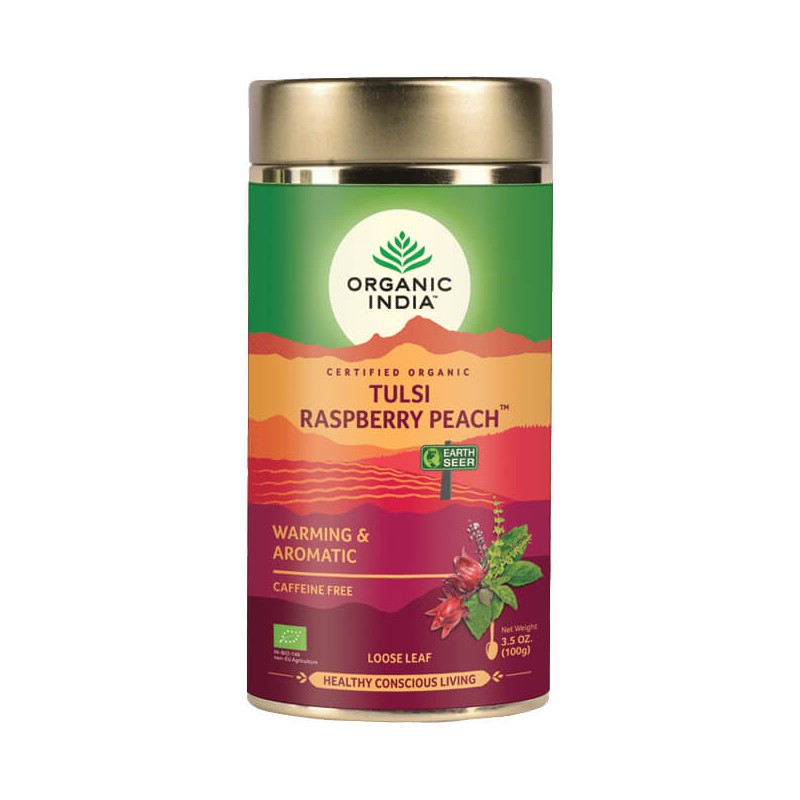 Aromatic warming Ayurvedic tea Tulsi Raspberry Peach, loose, Organic India, 100g