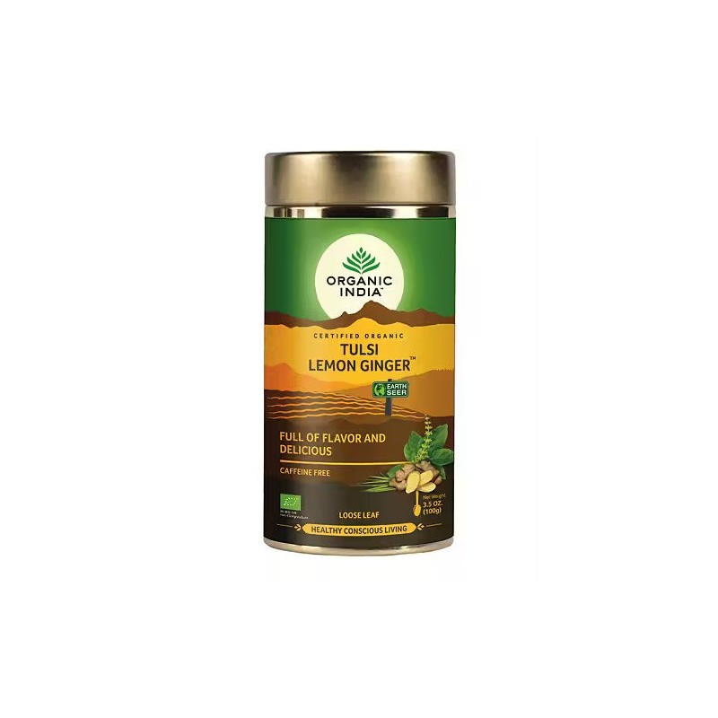 Ayurvedinen tee Tulsi Sitruuna Inkivääri, irtotee, Organic India, 100g