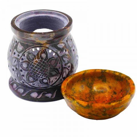 Soapstone incense burner Mandala Flower Black & Yellow, 10 cm