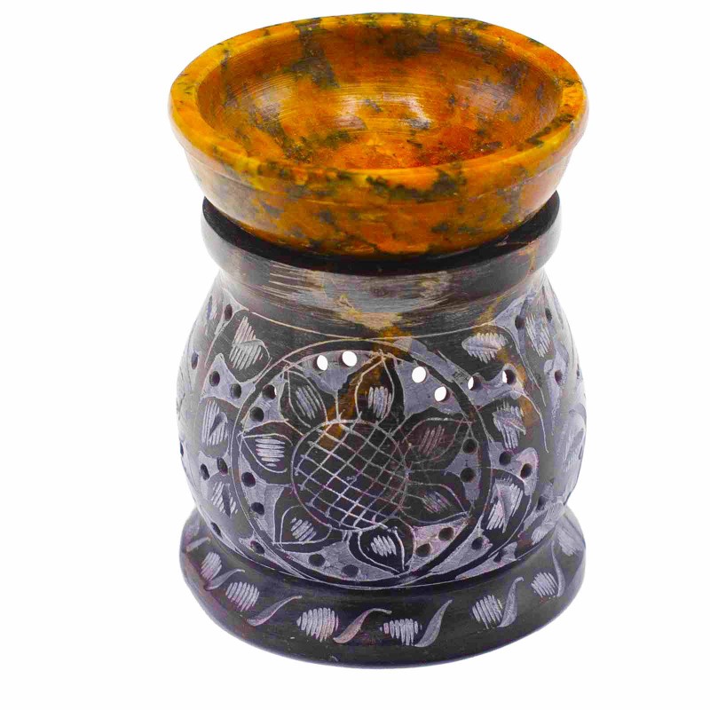 Soapstone incense burner Mandala Flower Black & Yellow, 10 cm