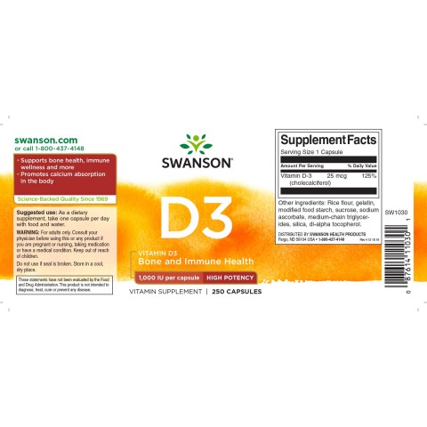 Vitamin D3 1000TV, 25 mcg, Swanson, 250 capsules