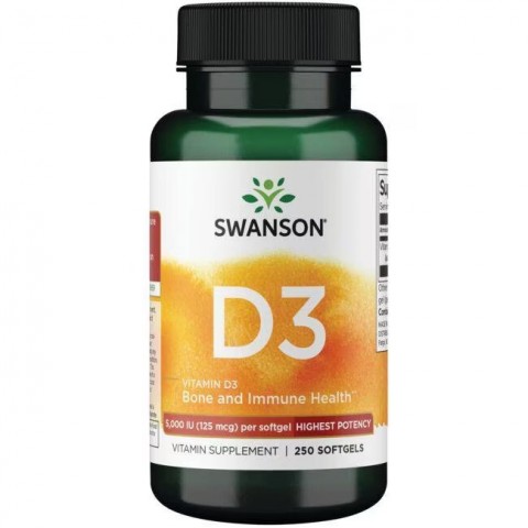 D3-vitamiini 5000TV, 125 mcg, Swanson, 250 kapselia
