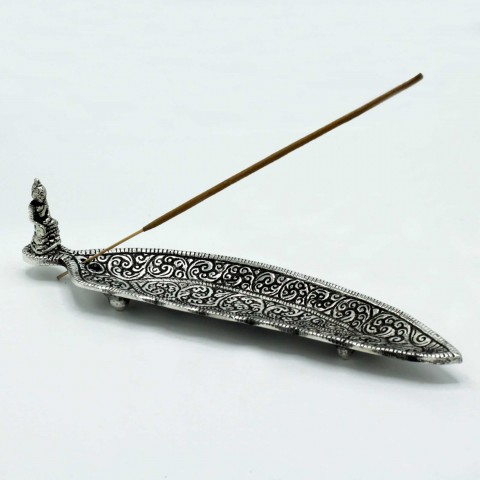 Polished aluminium Buddha oblong incense holder, 23 cm