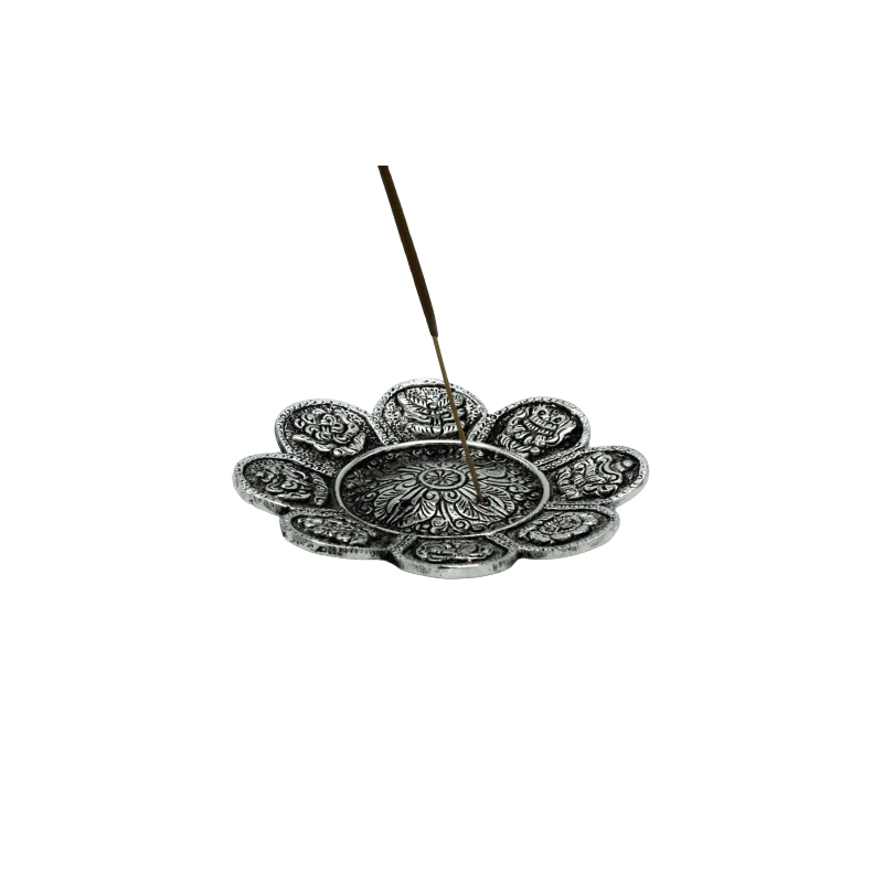 Tibetan Character Incense Holder in polished aluminium, 12 cm