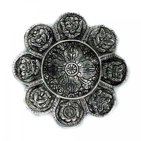 Tibetan Character Incense Holder in polished aluminium, 12 cm