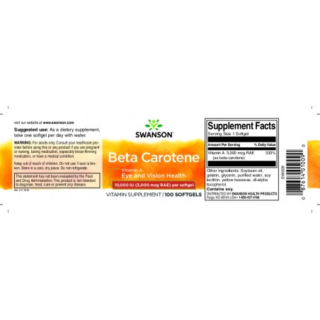 A-vitamiini beetakaroteeni, Swanson, 3000mcg, 100 kapselia