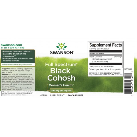 Full Spectrum Black Cohosh, Swanson, 540mg, 60 kapselia