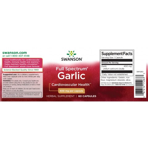 Valkosipuli, Swanson, 400mg, 60 kapselia