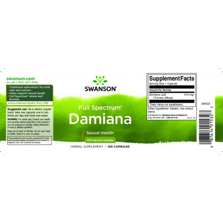 Damianan lehdet Turnera Diffusa, Swanson, 510mg, 100 kapselia