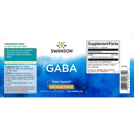 Gamma-aminovoihappo GABA, Swanson, 500mg, 100 kapselia
