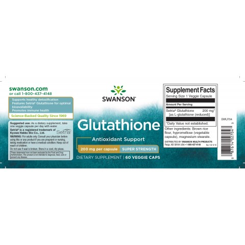 L-Glutationia vähennetty, Swanson, 200mg, 60 kapselia