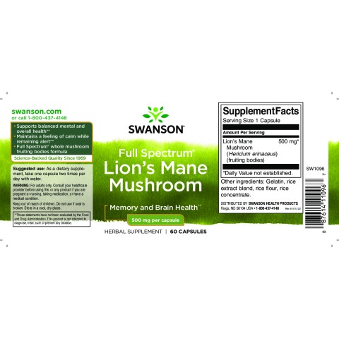 Leijonankarvasieni, Swanson, 500mg, 60 kapselia