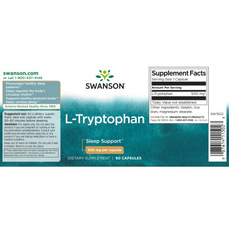 L-tryptofaani, Swanson, 500mg, 60 kapselia