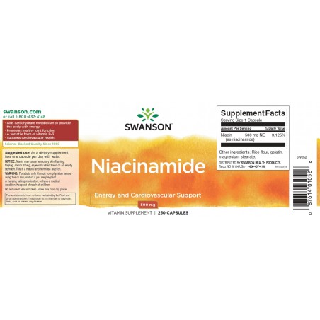 B3-vitamiini Niasiini, Swanson, 500mg, 250 kapselia