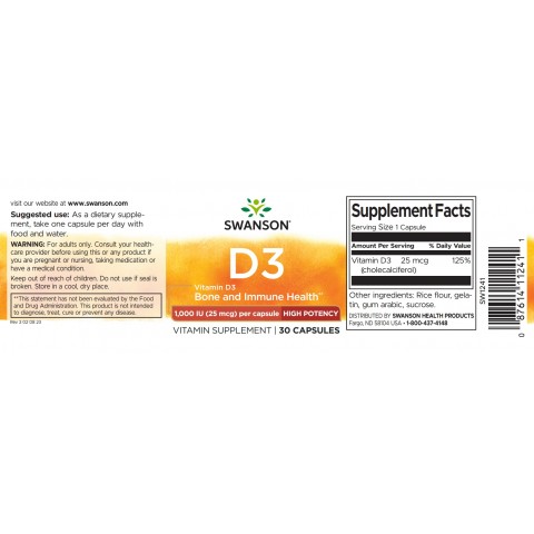 D3-vitamiini 1000TV, 25 mcg, Swanson, 30 kapselia