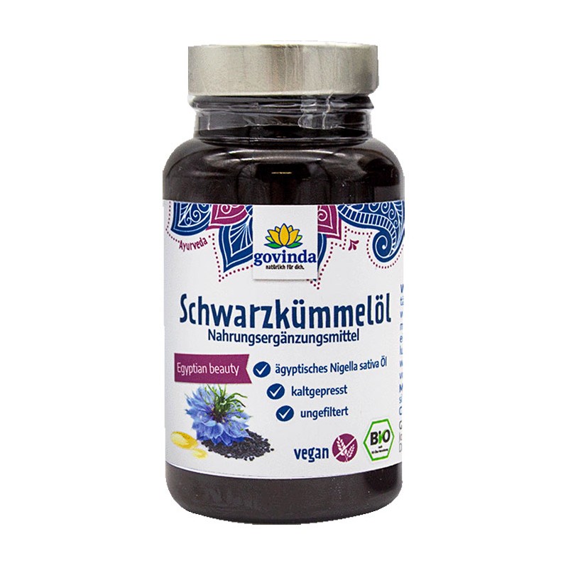 Luomu Mustakuminan siemenöljy, Govinda, 500mg, 90 kapselia Luomu Mustakuminan siemenöljy, Govinda, 500mg, 90 kapselia