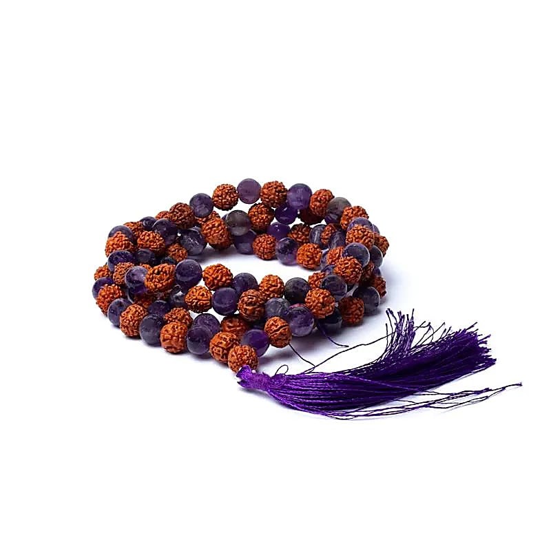 Rudraksha and Amethyst necklace Mala 108 beads