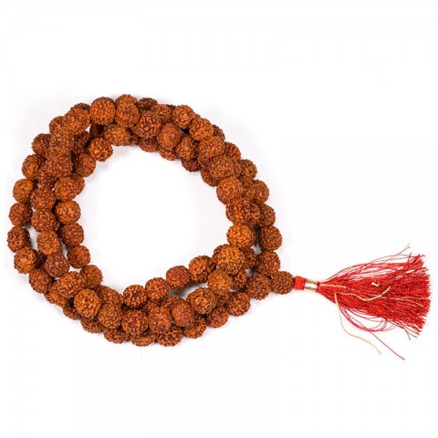 Rudraksha prayer beads with red tassel, 108 beads