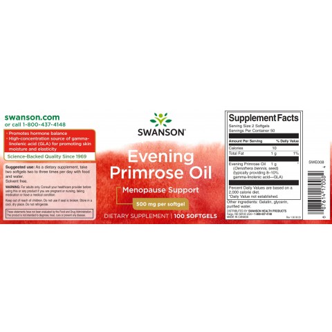 Nakvišų aliejus Evening Primrose, Swanson, 500mg, 100 kapsulių