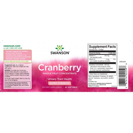 Itin stiprus viso vaisiaus spanguolių koncentratas Cranberry, Swanson, 420mg, 60 kapsulių
