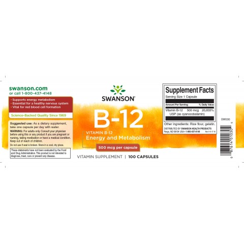 B12-vitamiini (syanokobalamiini), Swanson, 500mg, 100 kapselia
