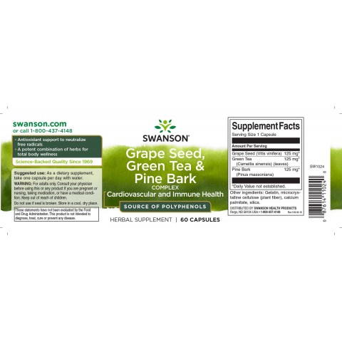 Viinirypäleensiemen, vihreä tee ja männynkuori kompleksi, Swanson, 475 mg, 60 kapselia